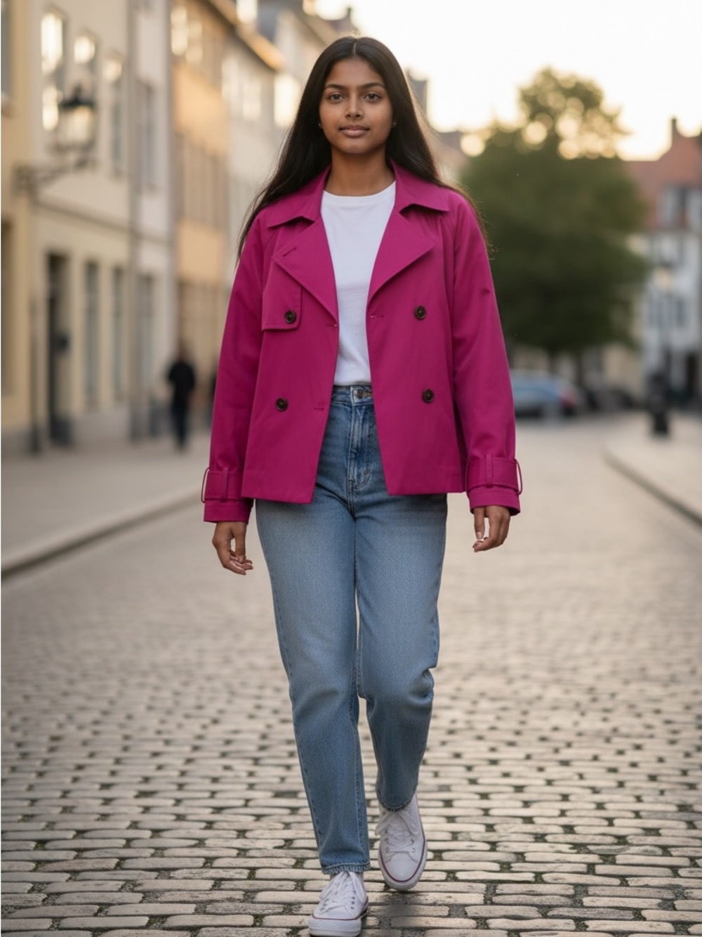 Bold Magenta Double-Breasted Trench Coat